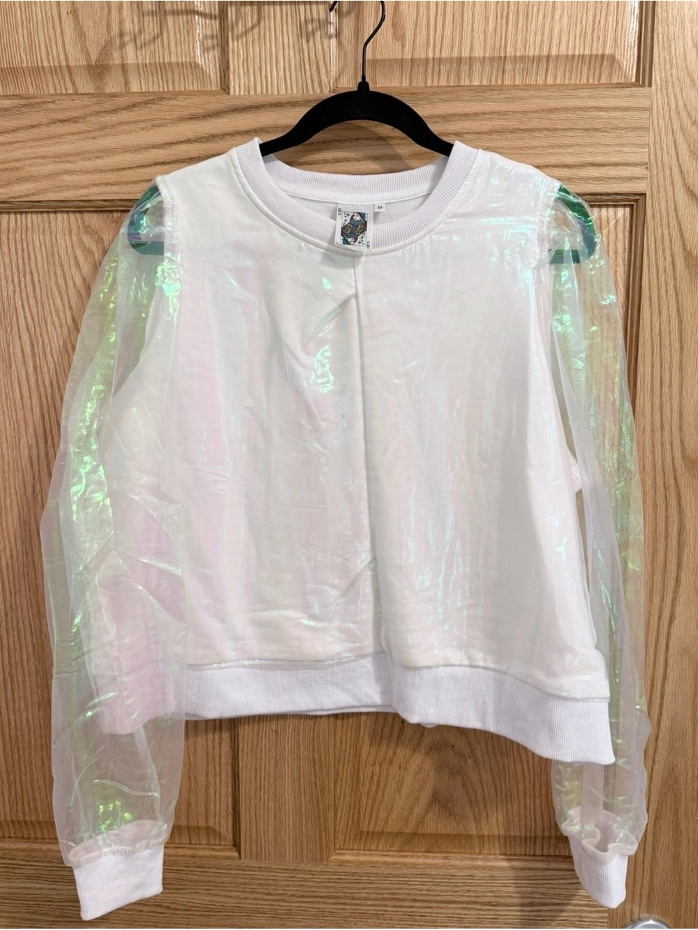 QUEEN OF SPARKLES White Sweatshirt with Iridescent Puff Sleeves